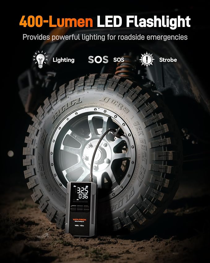 WOLFBOX MV24A 4000A Jump Starter with 160PSI Air Compressor, 12V Car Battery Booster, 88.8Wh Portable Jump Box (10L Gas/10L Diesel) with 65W Fast Charging, Tire Inflator, Jumper Cables, LED Light