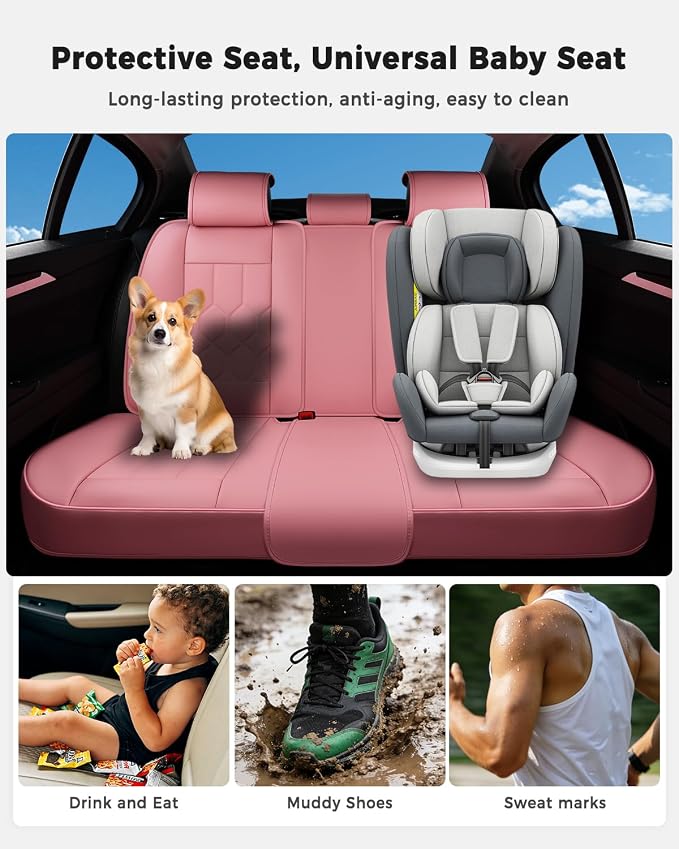 Huidasource Leather Car Seat Covers Full Set, Full Coverage Universal Fit for Most Cars SUVs Trucks, Easy Install with Velcro, Airbag Compatible, Retains Seat Functions & Cupholders, Pink