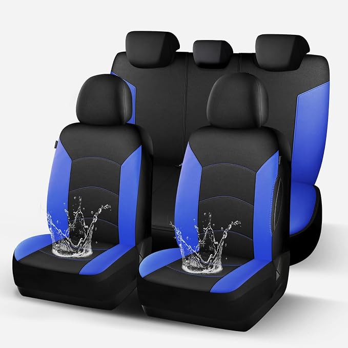 HChengkikz Car Seat Covers Full Set, Waterproof Neoprene Car Seat Covers, Airbag Compatible, All Season Protection Universal Fit Most Cars, Trucks, SUVs (Black + Blue)