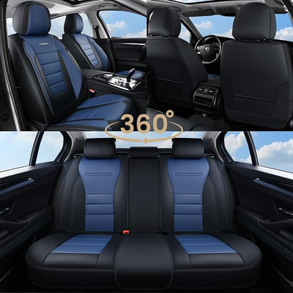 Coverado Car Seat Covers Full Set, Nappa Leather Seat Covers for Cars, Car Seat Protector Car Seat Cushion, Front and Back Seat Protectors Cushions Universal Fit for Most Cars Vehicles(Black&Blue)