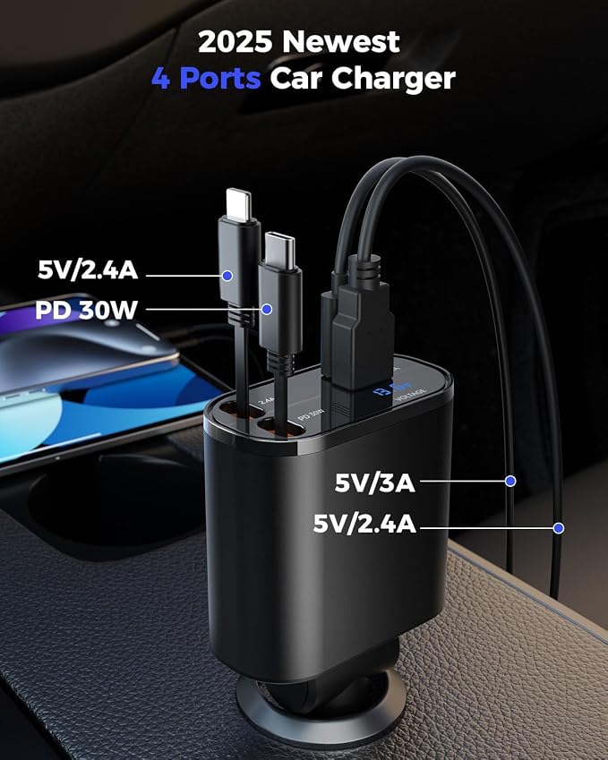 Retractable Car Charger 4 in 1 Fast Car Phone Charger Adapter with Type C & Apple Cords Compatible with iPhone 17/16/15/14/13/12/11, Galaxy, Pixel