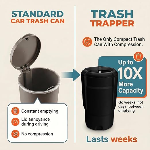 Trash Trapper Car Trash Can Cup Holder | Mini Car Trash Can | Fits in Most Doors | 5.1" x 2.9" | Traps More & Empties Less, Patent-Pending Compaction, 250th Anniversary Edition, Black/Red-White-Blue