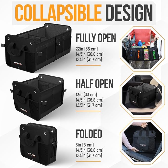 FORTEM Trunk Organizer For SUV Car Organizer and Storage, Multi-Compartment Storage Bag Car Accessories for Women Men, Perfect Christmas Gifts, 1680D Oxford, Non Slip Bottom, Straps, Soft Cover (50L)