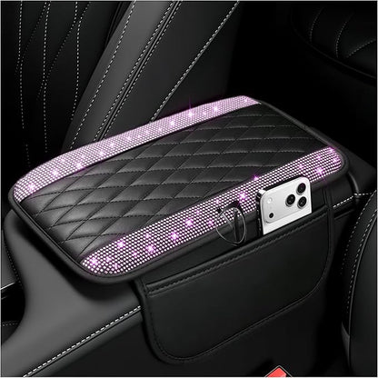 Stacool Upgraded Car Center Console Cover with Rhinestones,Microfiber Leather Car Armrest Cover Cushion with 2 Storage Bags,Universal Cars Armrest Storage Box as Cars Interior Accessories