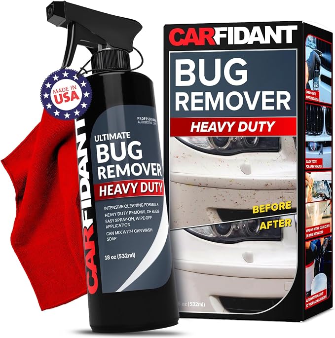 Carfidant Bug Remover Heavy Duty Spray - Cars Exterior Cleaner - Easily and Powerful Clean Bug Splatter, Bird Poop From Paint, Plastic, Rubber, Metal, Chrome, Glass - 18 fl. oz.