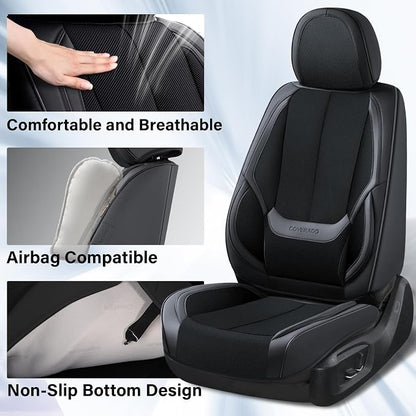Coverado Front and Back Seat Covers 5 Pieces, Full Set Universal Seat Covers for Cars, Breathable Fabric&Leather Car Seat Protectors, Car Seat Cushions Compatible with Most Sedans SUV Pick-up Truck
