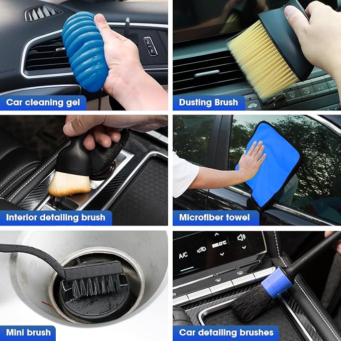 Car Cleaning Kit, Car Interior Detailing Kit with High Power Handheld Vacuum Cordless Rechargeable, Detailing Brush Set, Windshield Cleaner, Complete Auto Accessories for Men, Women Gift