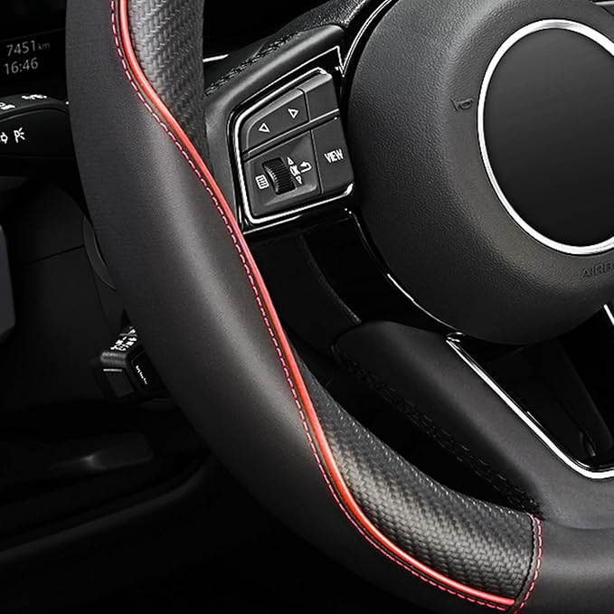 YHONGJT Soft Microfiber Leather Anti-Slip Car Steering Wheel Cover, Universal 15 Inch, Fit Vehicles, Sedans, SUVS, Vans, Trucks - Black with Red Line