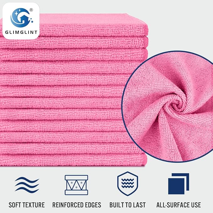 GLIMGLINT Pink Microfiber Cleaning Cloth,12PK Reusable Cleaning Rags, Highly Absorbent Shop Rags Bulk, All-Purpose Car Cleaning Towels for TV Screen, Kitchen, Bathroom, Restaurant Garage, 14"X12"