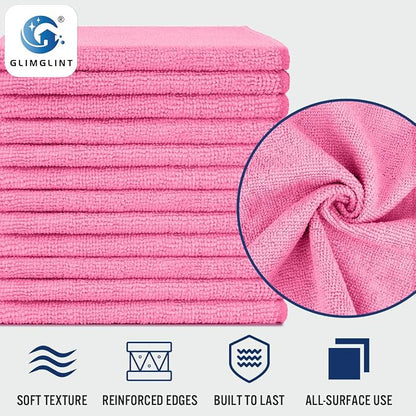 GLIMGLINT Pink Microfiber Cleaning Cloth,12PK Reusable Cleaning Rags, Highly Absorbent Shop Rags Bulk, All-Purpose Car Cleaning Towels for TV Screen, Kitchen, Bathroom, Restaurant Garage, 14"X12"