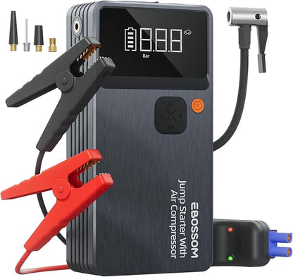 Car Battery Jump Starter with Air Compressor,44.4Wh Battery Jump Box with Tire Inflator,Jump Booster with Smart Jumper Cables,LED Light Emergency Car Kits for Vehicles,Arrancador Ae Batería
