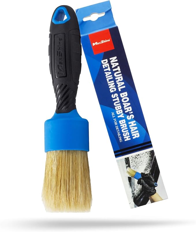Maxshine Stubby Detailing Brush - Premium Detail Brush with 100% Natural Boar Hair Mixed Fiber for Auto, Wheels, Engine, Interior, Air Vents Cleaning - Bestselling Tool - Blue