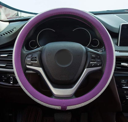 New Diamond Leather Steering Wheel Cover with Bling Bling Crystal Rhinestones, Universal Fit 15 Inch Car Wheel Protector for Women Girls Purple