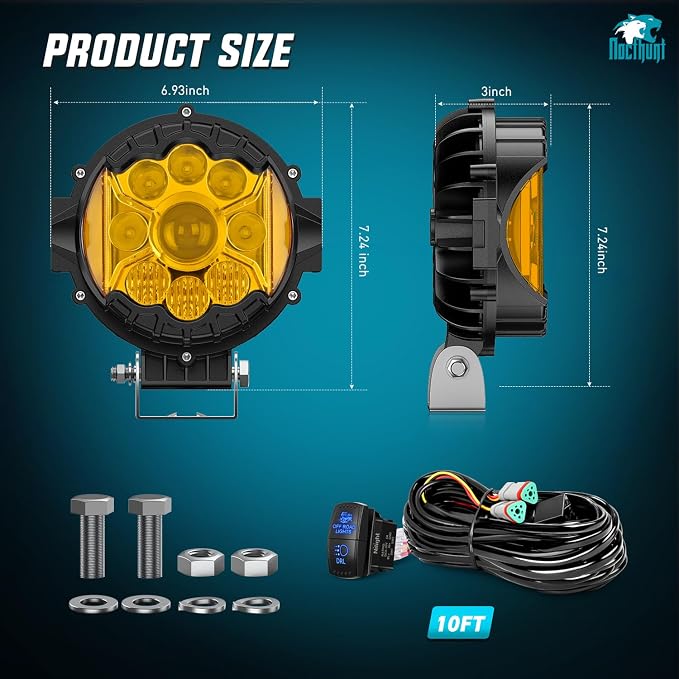 Nilight 7 Inch LED Offroad Driving Lights High Low Beam 2 PCS 80W Round Amber Light Side Shooter Spot Flood Fog Light Pod w/ 16 AWG DT Connector Wiring Harness Kit for Jeep Truck ATV UTV SUV