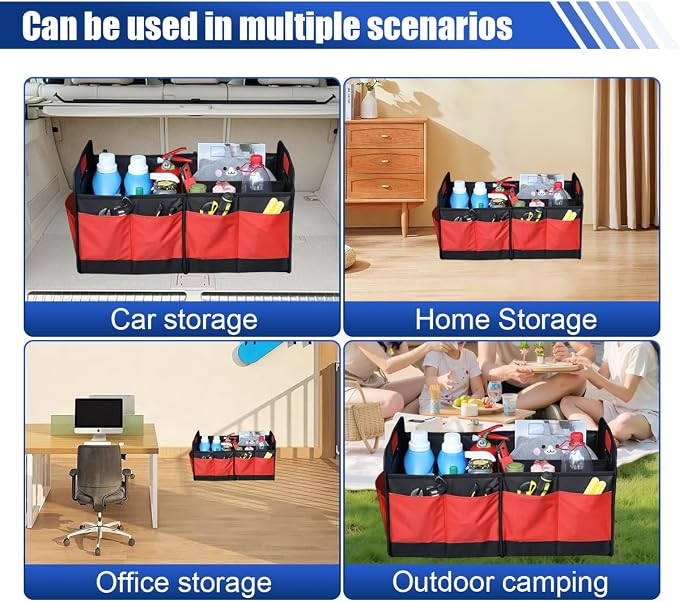 Car Trunk Organizer, Large Capacity Oxford Cloth Car Storage Box, Collapsible Multi-Compartment Organization Container, Waterproof Auto Interior Storage Accessories (Red)