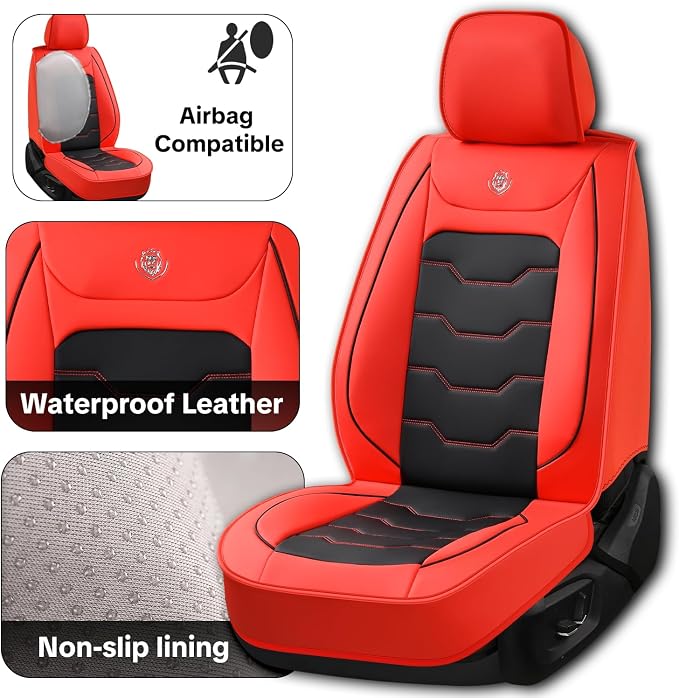 Red Car Seat Covers for Suvs, Sedans, and Pickup Trucks Protect and Upgrade Your Vehicle's Interior Waterproof Leather 5-Piece Complete Set Compatible with Airbags Easy to Install and Clean