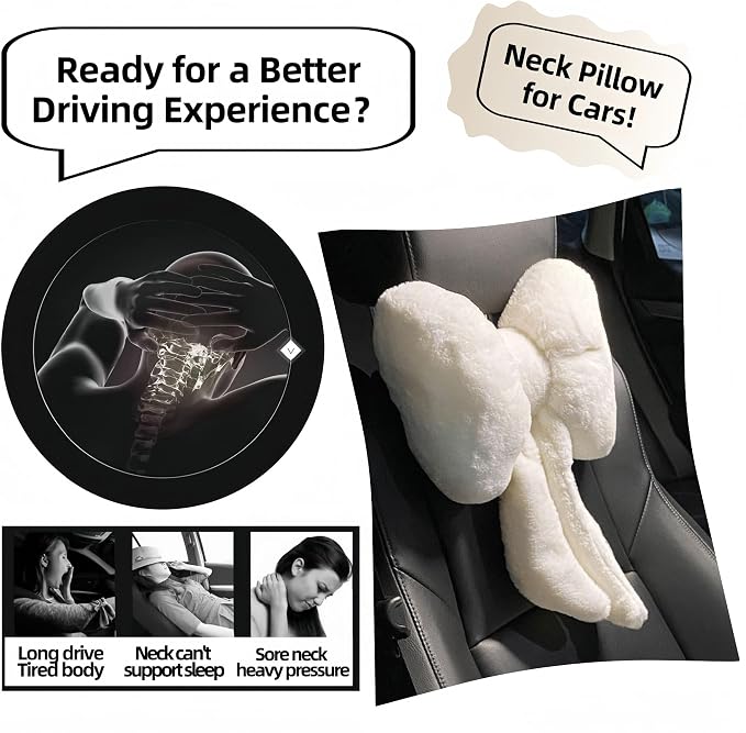Car Neck Pillow 2PCS Plush Bowknot Car Headrest Pillow – Comfortable Neck Support for Driving Soft Touch Fabric Car Pillow Cute Interior Decor (White)