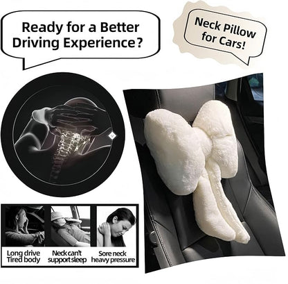 Car Neck Pillow 2PCS Plush Bowknot Car Headrest Pillow – Comfortable Neck Support for Driving Soft Touch Fabric Car Pillow Cute Interior Decor (White)