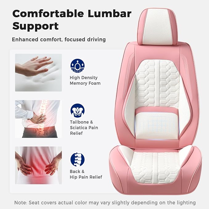Huidasource Leather Seat Covers Front Seat, Pink & White Car Seat Covers Universal Fit for Most Cars SUV Trucks, Waterproof Automotive Car Seat Cushion Cover Protector with Lumbar Support