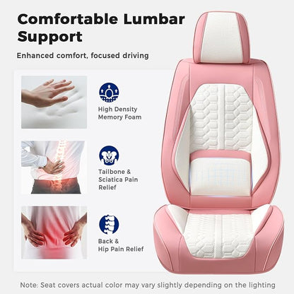 Huidasource Leather Seat Covers Front Seat, Pink & White Car Seat Covers Universal Fit for Most Cars SUV Trucks, Waterproof Automotive Car Seat Cushion Cover Protector with Lumbar Support
