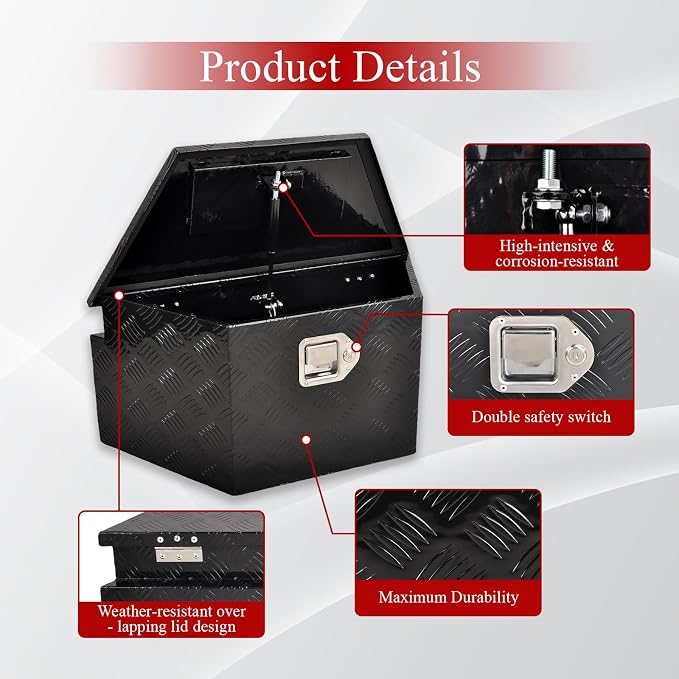 26'' Inch Aluminum Trailer Tongue Tool Box Truck Bed Toolbox Truck Trailer Chest Box Underbody Storage Organizer Waterproof Square Storage Organizer w/Lock & Keys Black(‎26" Lx13.3 Wx12 H)