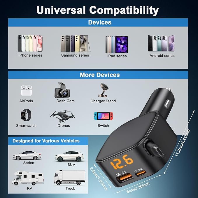 93W Retractable Car Charger, USB C Car Charger Fast Charging with PD PPS & QC 3.0, Multi Port Cigarette Lighter Adapter with Voltmeter for iPhone 17 16 15 Pro Max, Samsung S26/S25 iPad Pixel