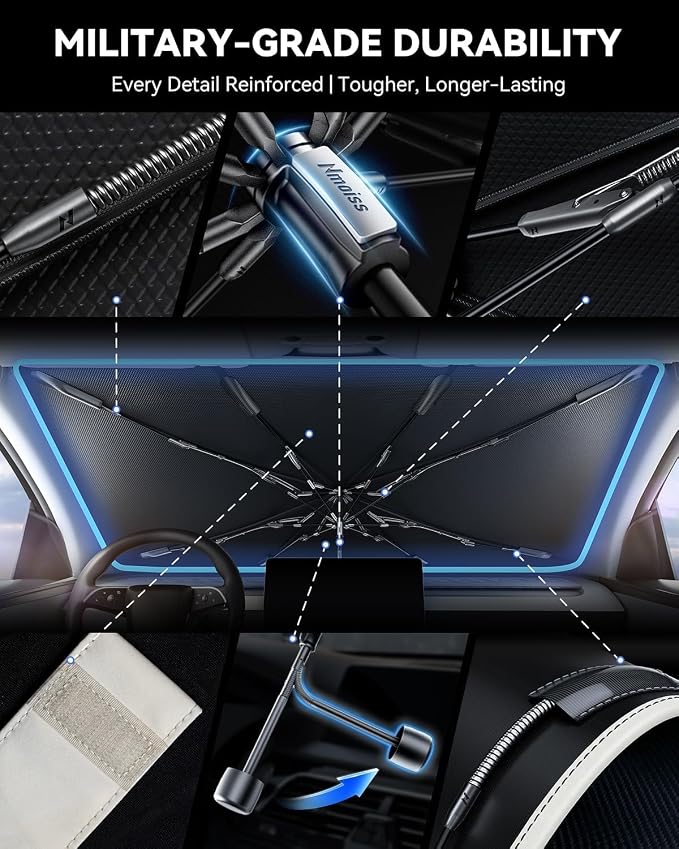 Nmoiss Windshield Sun Shade Umbrella for Jeep - [Vinyl Coating Heat Shield] Protect Car from Sun Rays & Heat Damage Keep Cool and Protect Interior, Spring Structure Edge