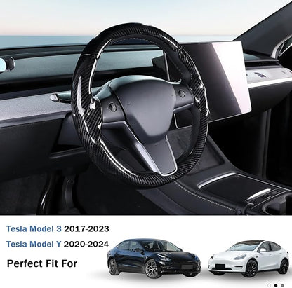 Steering Wheel Cover for 2017-2023 Tesla Model 3 2020-2024 Tesla Model Y, Carbon Fiber Steering Wheel Cover for Tesla Model 3/Y Accessories, Glossy Black
