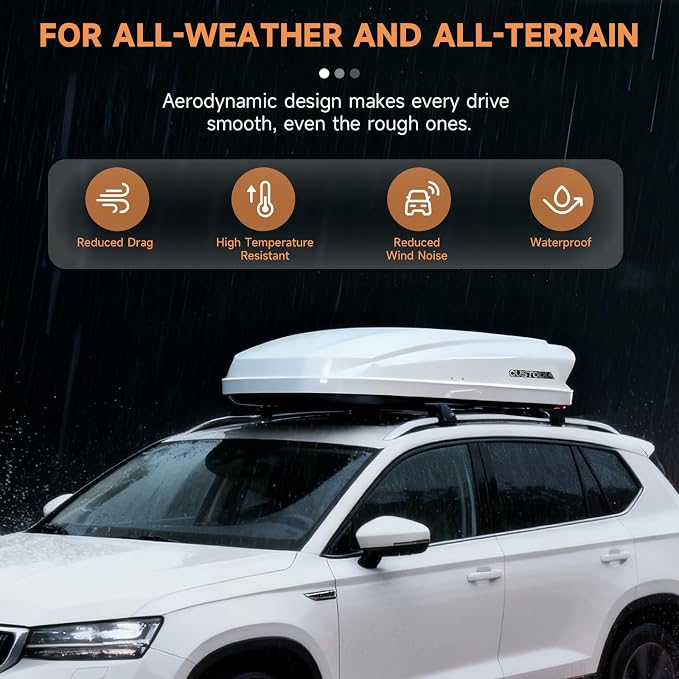 Hard Shell Rooftop Cargo Carrier with Roof Box, Heavy Duty Weatherproof 14 Cubic Feet Rooftop Cargo Carrier for Car Storage, Security Keys, White