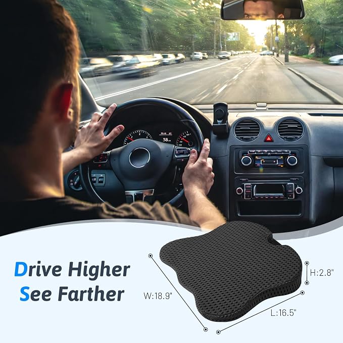 Wedge Car Seat Cushion for Better Visibility & Sciatica Pain Relief - High Density Memory Foam, Non-Slip Ergonomic Car Seat Cushion for Driving, Universal Fit for Car, SUV,Truck & Tractor (All Black)