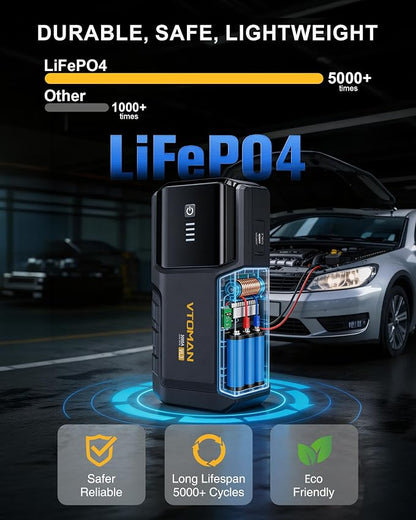 VTOMAN VL3 Jump Starter Upgraded with LiFePO4 Battery, 3000A Portable Car Battery Booster for Up to 7.0L Gas and 5.0L Diesel Engines, 12V Jump Box with LED Flashlight, Jumper Cable, Storage Bag