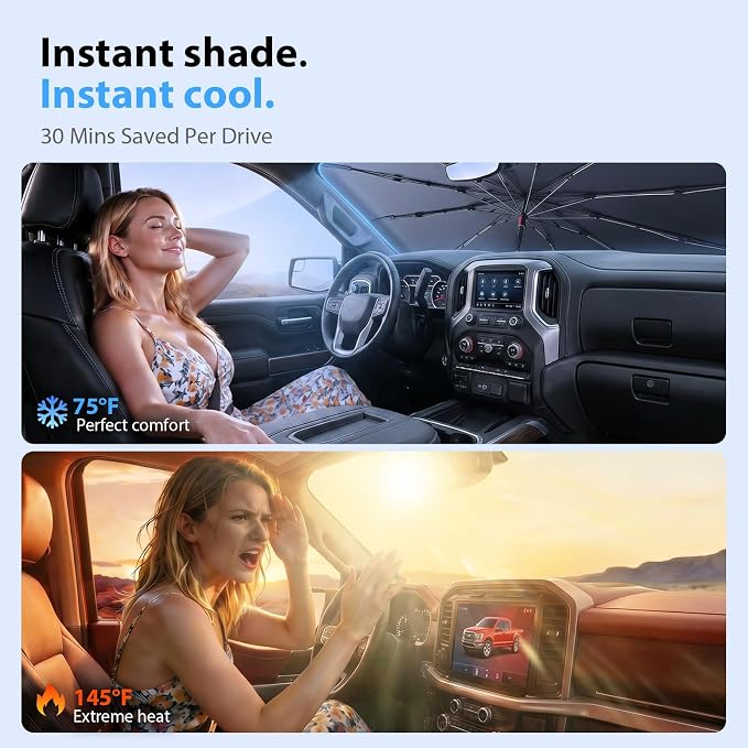 2026 Upgraded Windshield Sun Shade Umbrella for GMC Sierra 1500 [Precision Custom Fit, Superior UV & Heat Block] Cooling Tech Fabric, Durable Foldable with Storage Bag, Fits 2000-2026