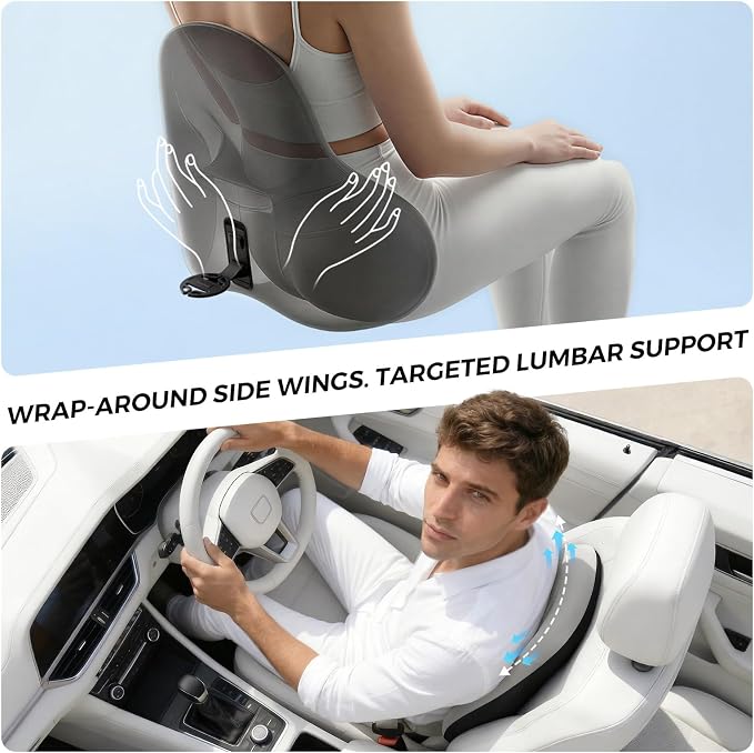 BEBAS Ergonomic Lumbar Support Pillow for Car, Memory Foam Back Support for Driving, Lower Back Pillow for Pain Relief, Comfort Lumbar Cushion for Office Chairs, Car Seat, Wheelchair -Gray