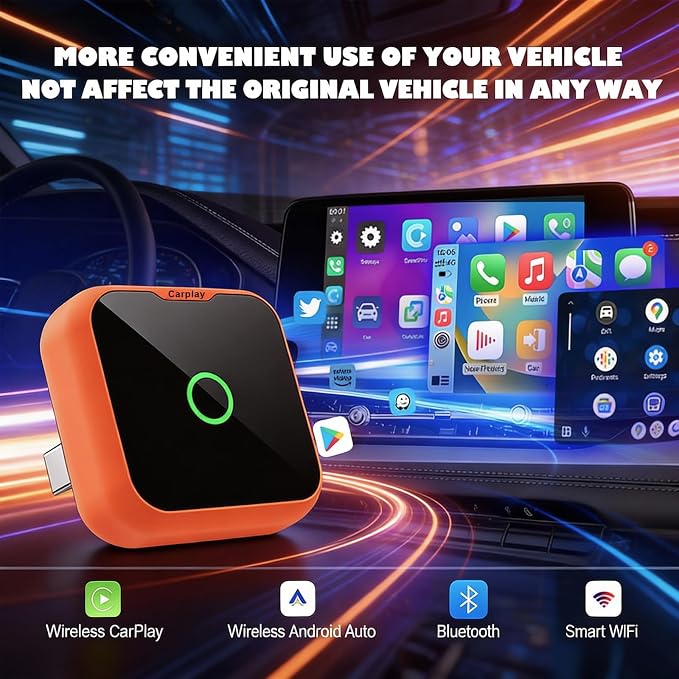 2-in-1 Wireless CarPlay Android Auto Adapter, Plug & Play Wired to Wireless Converter for iPhone Android, Fast Auto Connect,Stable,OTA Update, Ultra Compact (Orange)