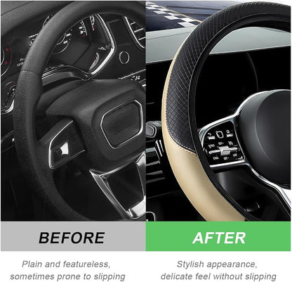 DXNQ Car Steering Wheel Cover, 15 Inch Carbon Fiber Leather Stitching Color Steering Wheel Protector, Anti-Slip Elastic Breathable Steering Wheel Cover Stylish Decor for Most Cars (Beige, AD)