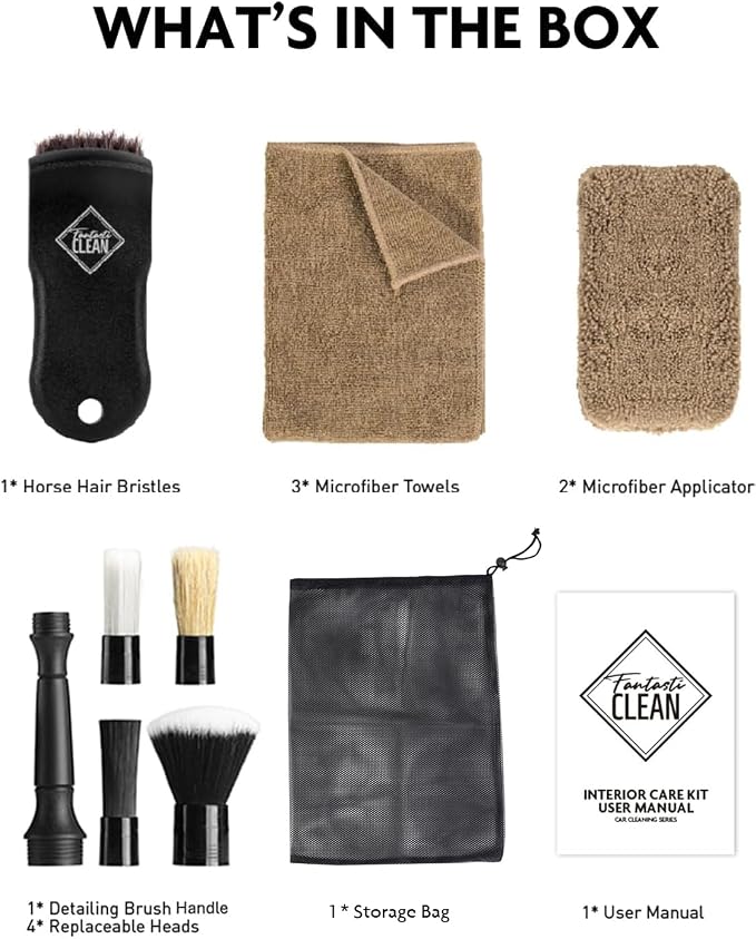 Fantasticlean 9PCS Car Interior Detailing Set, Microfiber Cloth & Applicator, Double-Head Detailing Brushes, Natural Bristles, Scratch-Free, Ultra-Soft for Seats Leather Care or Cleaning