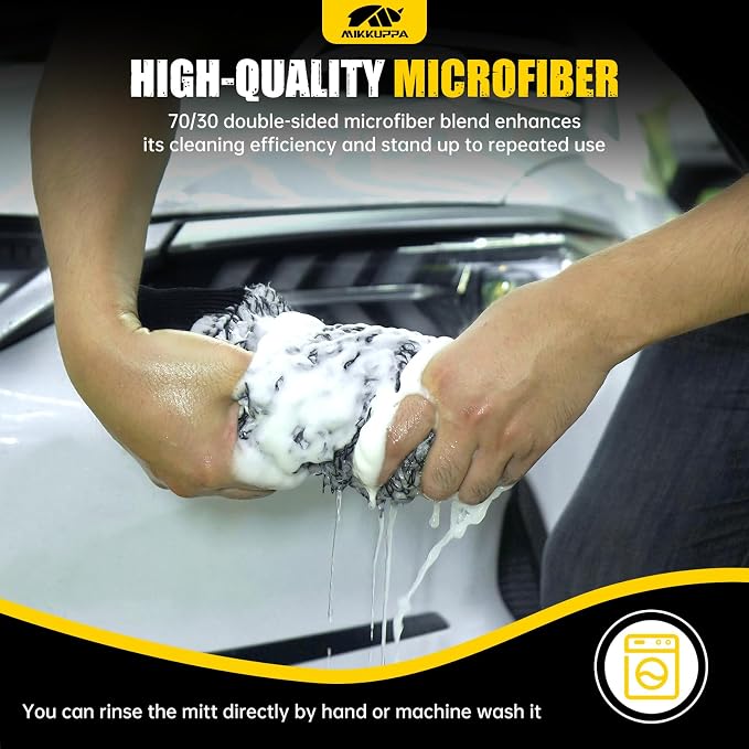 MIKKUPPA Microfiber Car Wash Mitt - Double-Sided Ultra Absorbent Scratch Free Premium Blend Glove for Car Washing Home Cleaning (Black, 2Pack, 11'' x 8'')