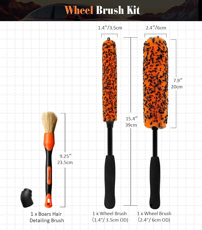 YeewayVeh 3PCS Quick Car Wheel Brush Kit, 2-Size 360° Bendale Rim Cleaner Brushes, Boars Hair Detailing Brush, Fast Scratch-Free Cleaning for Car Wheels, Motorcycle, Orange