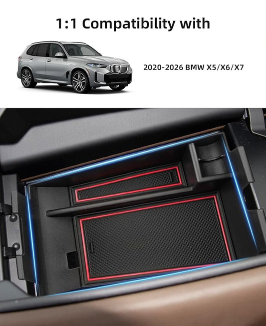 Center Console Organizer for 2020-2026 BMW X5/X6/X7, Armrest Storage Box with Removable Rubber Mat, 2020 2021 2022 2023 2024 2025 2026 BMW X5/X6/X7 Interior Accessories(Red)