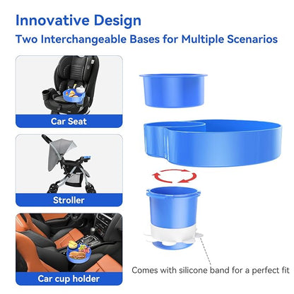 Car Seat Snack Tray: Travel Tray for Kids Carseat Cup Holder with Food Trays, Stroller Snacks Plate for Toddlers, Kid Road Trip Essentials, Blue