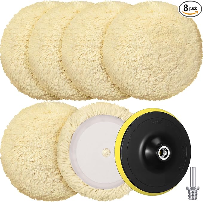 Tallew 8 Pcs 7 Inch Wool Buffing Polishing Pads Hook Loop Cutting Pads with Backing Plate for Car, Boat, Wood, Marble Surface Polishing & Scratch Removal (Original Color)