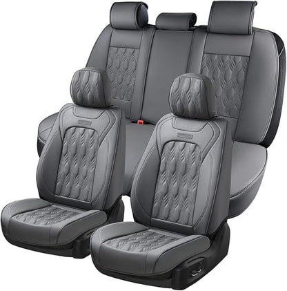 Coverado Car Seat Cover Full Set, Front and Back Seat Covers for Cars, 5 Seats Luxury Leather Seat Covers, Waterproof Car Seat Protectors, Gray Driver Seat Cushions Fit for Most Vehicles