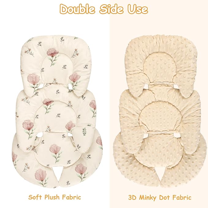Infant Car Seat Insert with 2 Strap Pads, Super Soft Carseat Head and Body Support for Baby Boys and Girls, Reversible Newborn Car Seat Insert Cushion for Strollers, Bouncers, Swing, Simple flowers
