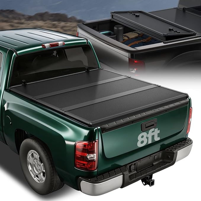 Auto Dynasty FRP Hard Tri-Fold Truck Bed Tonneau Cover Compatible with 2010-2025 Chevy Silverado GMC Sierra 1500, 2007-2025 Chevy GMC 2500HD 3500HD 8Ft Fleetside/Styleside Bed, Black Powdercoated
