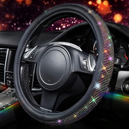 CAR PASS Diamond Leather Steering Wheel Cover, with Bling Crystal Rhinestones Fit Suvs,Vans,Sedans,Cars,Trucks Universal Fit 14.5-15inch Crystal Glitter for Women Sparkle Girl, Multicolor Diamond