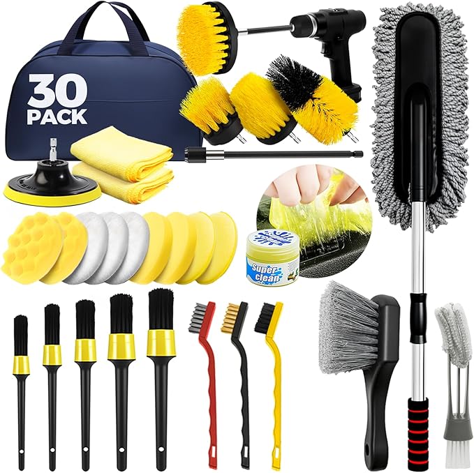 ALFLOD 30Pcs Car Detailing Kit, Car Detailing Brush Set, Car Wash Cleaning Kit, Car Dusters Extendable Handle Cleaning Exterior, Car Cleaning Gel, Car Cleaning Tools Kit for Interior, Exterior, Wheels