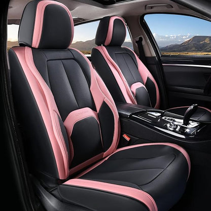 Coverado Seat Covers, Car Seat Covers Front Seats, Nappa Leather Seat Covers for Cars, Waterproof Car Seat Protector with Lumbar Support, Front Seat Covers Universal Fit for Most Cars (Black&Pink)