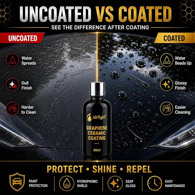 AirTighT Advanced Graphene Ceramic Coating for Cars, 80ml | Ultra-hydrophobic paint protection for cars, boats, RVs & motorcycles; helps resist scratches, UV, dirt, stains & water spots