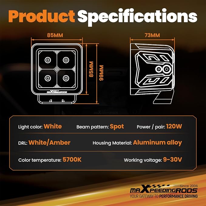 maXpeedingrods 3 Inch 120W LED Pod Lights 12000LM Offroad Light with White/Amber DRL, 5 Modes LED Cube Ditch Lights with Wiring Harness, Spot Light Bar for Jeep Truck UTV ATV Pickup Motorcycle, 2 Pcs