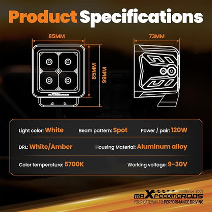 maXpeedingrods 3 Inch 120W LED Pod Lights 12000LM Offroad Light with White/Amber DRL, 5 Modes LED Cube Ditch Lights with Wiring Harness, Spot Light Bar for Jeep Truck UTV ATV Pickup Motorcycle, 2 Pcs
